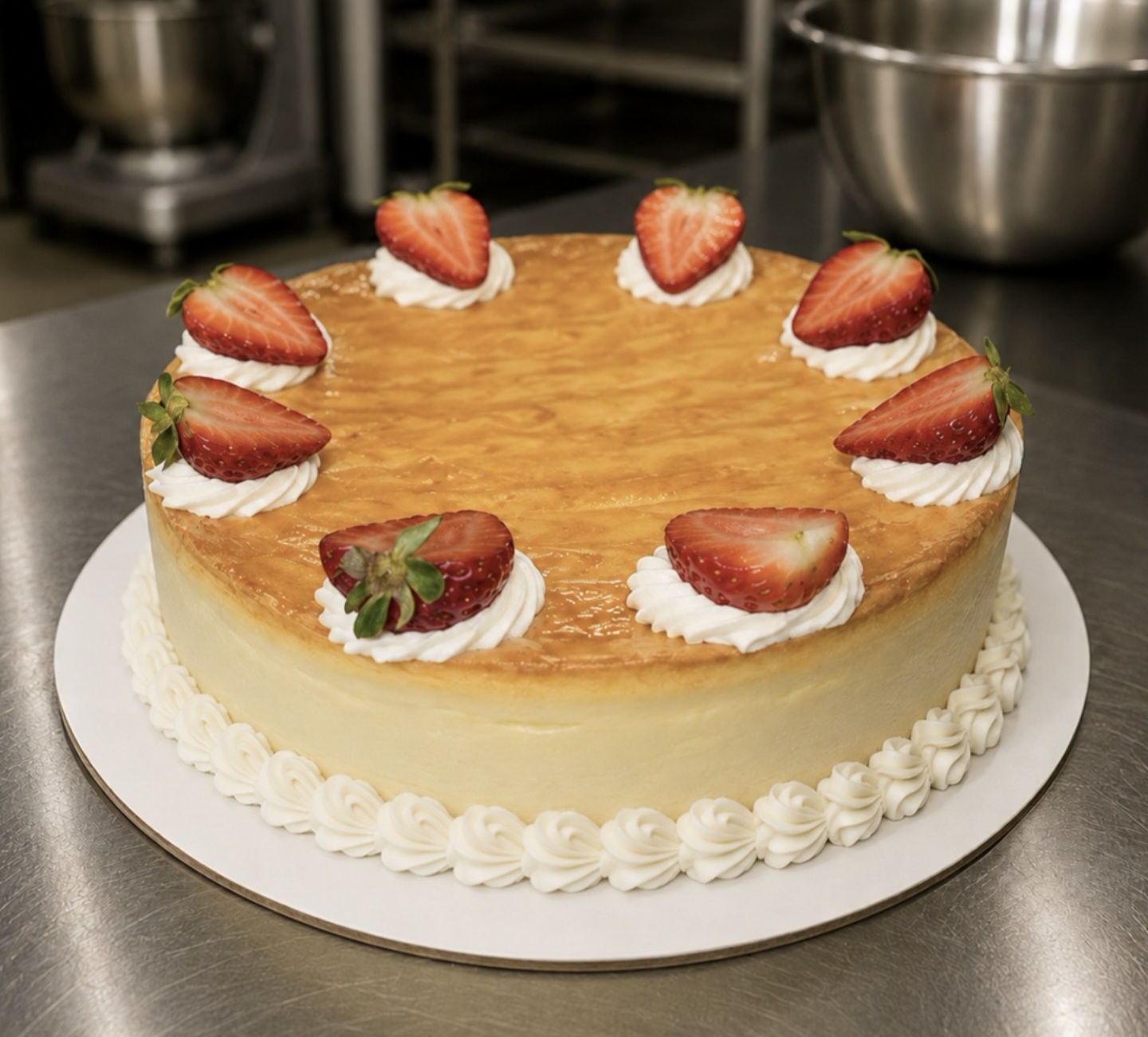 Salted Caramel 10-inch cheesecake with fresh strawberries and whipped cream rosettes
