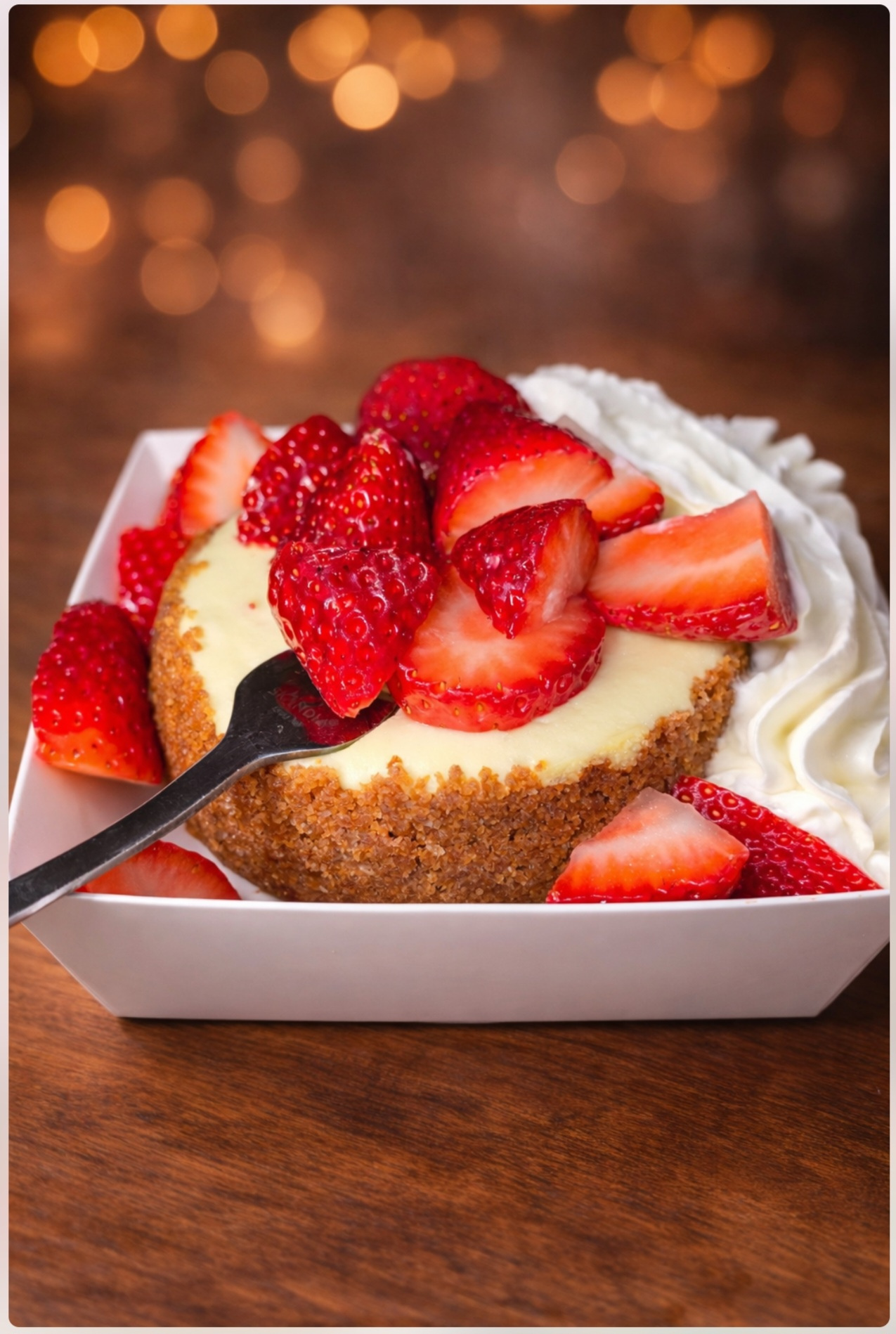 4-inch strawberry cheesecake with graham crust and whipped cream rosettes
