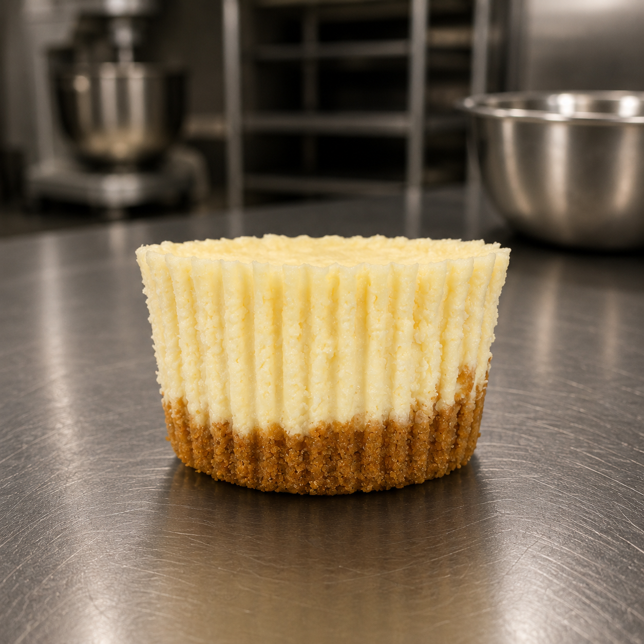 Classic plain mini cheesecake on a stainless counter