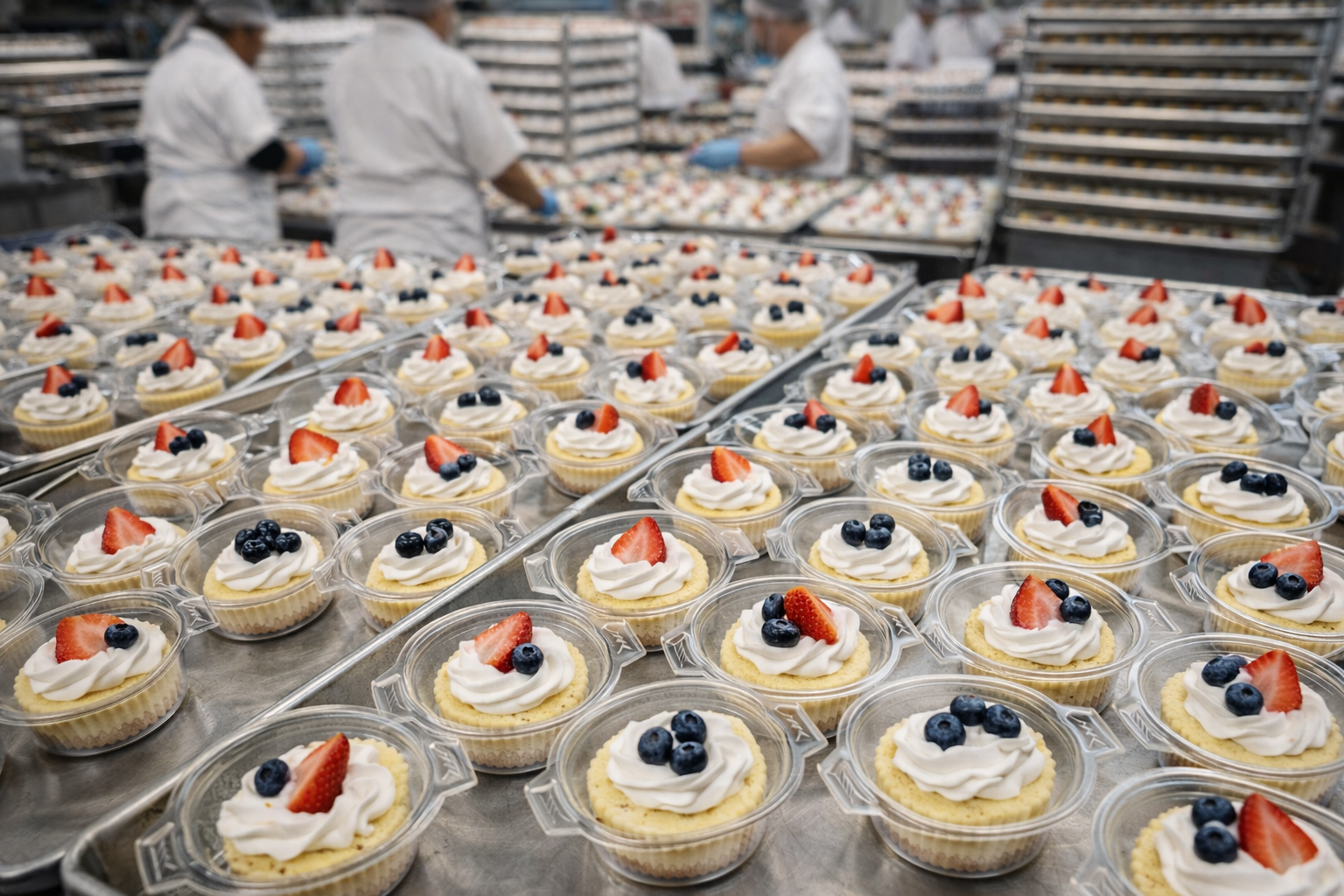 Bakery line piping fresh mini cheesecakes