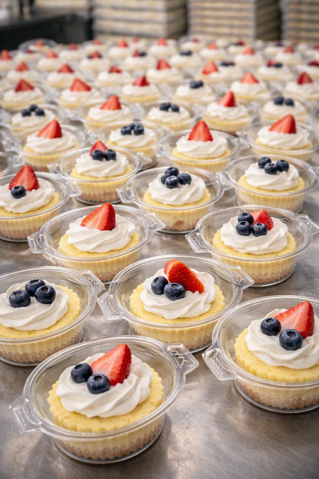 Rows of strawberry and blueberry mini cheesecakes lined up on the counter