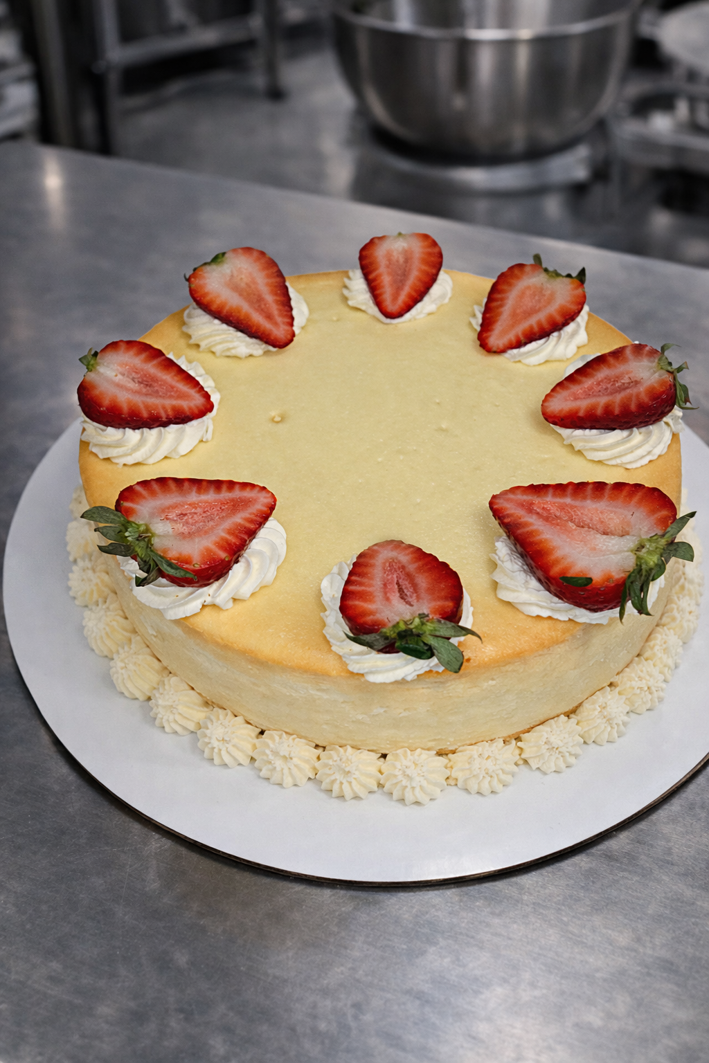 10-inch strawberry cheesecake overhead with whipped rosettes and halved strawberries