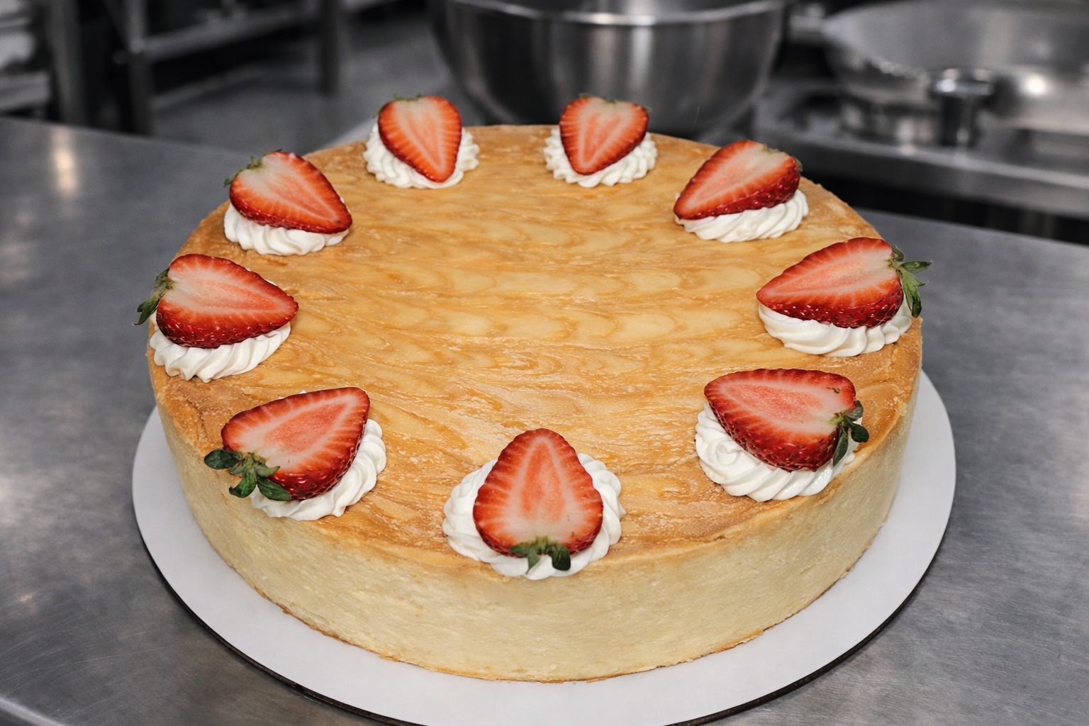 10-inch strawberry cheesecake on a stainless steel kitchen counter