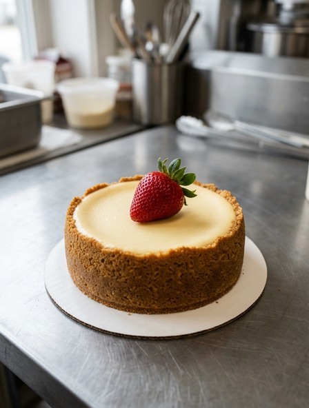 4-inch boutique cheesecake with a golden graham crust and a single fresh strawberry on top, on a stainless bakery counter