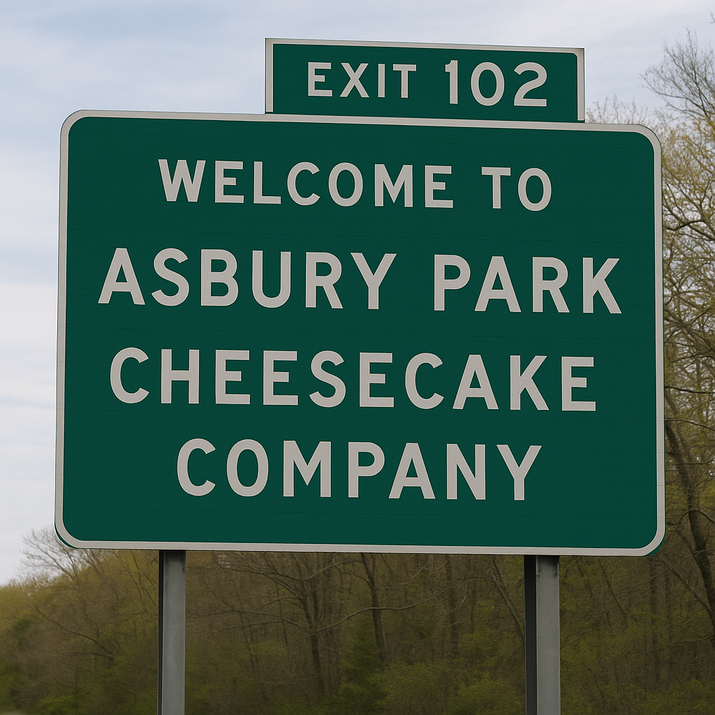 Welcome to Asbury Park Cheesecake Company highway sign